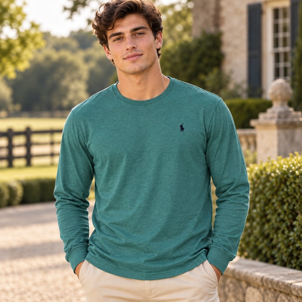 Polo Ralph Lauren Mens Custom Slim Fit Long Sleeve T-Shirt Heather Teal Green L